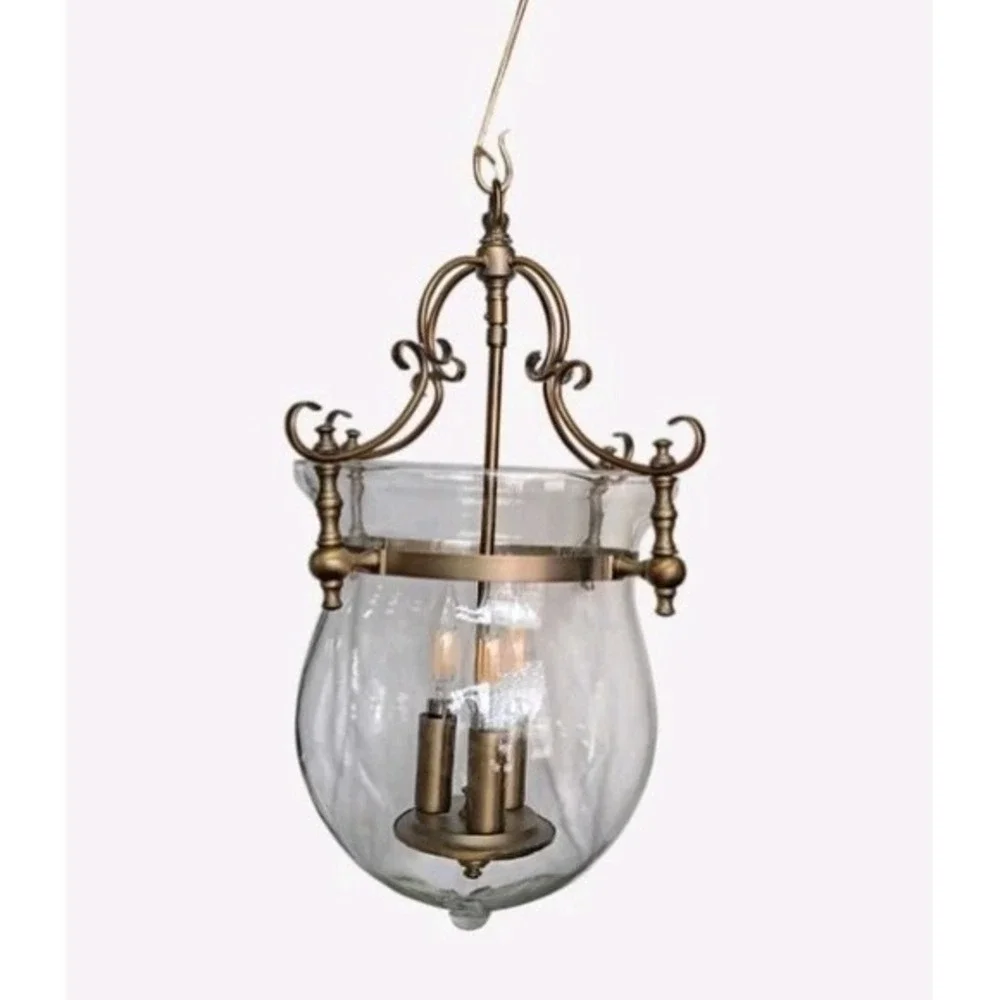 Brass French Bell Vintage Three Bulb Pendulum Chandelier Light